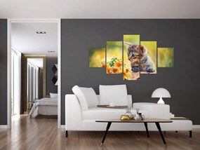 Obraz kotka patrzącego na kwiat (125x70 cm)