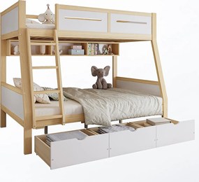 Łóżko piętrowe drewniane 90×200 cm + 120×200 cm - z drabiną i 3 szufladami - biały + naturalny (bez materaca)