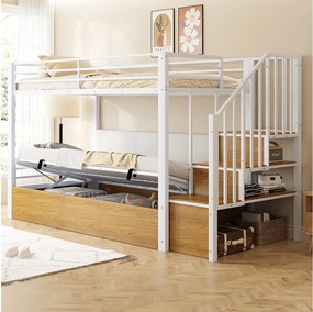 Metalowe łóżko piętrowe dla dzieci - 90 x 200 cm - z hydraulicznym schowkiem + drabinka - białe