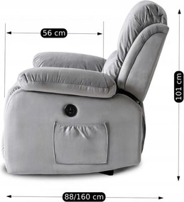 Fotel Masujący ARON Elektryczny Rozkładany z Podnóżkiem Szary Welurowy Nowoczesny
