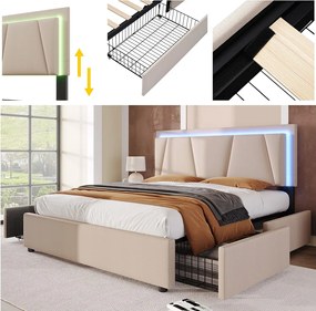 Łóżko tapicerowane dwuosobowe - 160 x 200 cm - z oświetleniem LED + 4 szuflady + regulowany zagłówek - drewno - beżowe (z materacem)
