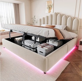 Łóżko 180 x 200 cm ze schowkiem hydraulicznym i oświetleniem LED - Aksamit + MDF - Beżowe (Materac nie jest wliczony w cenę)