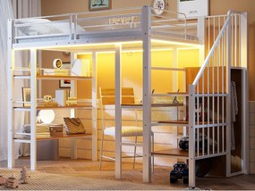 Łóżko na antresoli 90x200 cm - z oświetleniem LED i gniazdkiem elektrycznym - z przegródkami do przechowywania - z półką - biały​ (materac nie jest wliczony w cenę)