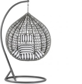 Szare wiszące krzesło KOKON ze stojakiem, biało-szara poduszka