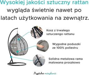 Fotel wiszący szary KOKON bez stojaka, poduszka biało-szara