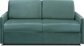 Kanapa 3-osobowa rozkładana typu express z zielonego weluru, z siedziskiem z pianki z pamięcią kształtu - Powierzchnia spania na szerokich listwach 140 cm - Materac 14 cm CALIFE