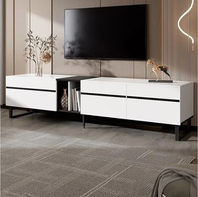 Nowoczesna niska szafka RTV - 180 x 38 x 45 cm - z 3 drzwiami + otwarte półki - płyta wiórowa - biała