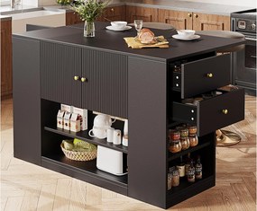 Wyspa kuchenna - Blat rozsuwany - 2 szuflady i 3 drzwi - Z otwartymi półkami - MDF - czarny