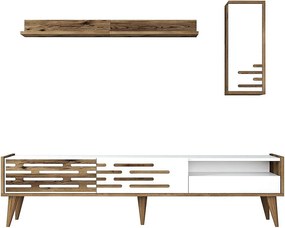 Elegancka szafka RTV z półką ścienną i szafką – 180 cm – orzech i biel – melamina