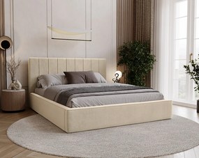 BESILIO Stylowe łóżko tapicerowane 200x200 Persea - stelaż metalowy, pojemnik na pościel, ozdobna lamówka - Kremowy