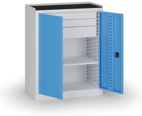Szafa warsztatowa, 1 półka + 3 szuflady, 1180 × 950 × 500 mm, niebieskie drzwi