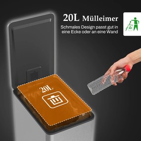 HOMCOM Kosz na śmieci 20L, ciche zamykanie, przegródka na odświeżacz, odporny na odciski, stal nierdzewna, srebrny