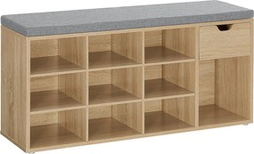 Szafka na buty Valora z siedziskiem i szufladą – dąb sonoma, szary len