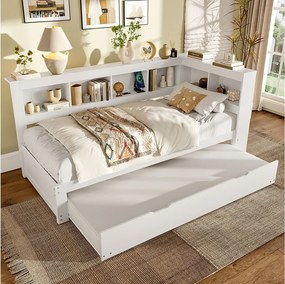 Łóżko dzienne 90x200 cm, łóżko dziecięce z wysuwanym łóżkiem i stelażem, 2 porty USB - białe (bez materaca)