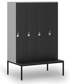 Drewniana szafa ubraniowa S4 z ławką, 4-drzwiowa, 1871 x 1200 x 500/800 mm, demontaż, zamek obrotowy, szary/grafitowy