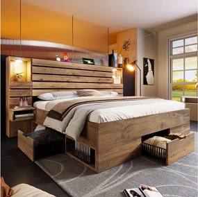Łóżko podwójne z efektem dębu - 180 x 200 cm - z diodami LED + USB + 2 szafki nocne + szuflady - drewno - naturalne