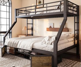 Łóżko piętrowe 90x200 cm + 140x200 cm - z półką na buty - przegrody przechowawcze - barierki bezpieczeństwa i drabina - czarny