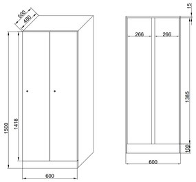 Szafa ubraniowa obniżona 2-drzwiowa, 1500 x 600 x 500 mm, zamek RFID, drzwi laminowane, drzwi laminowane, orzech
