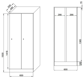 Szafa ubraniowa obniżona 2-drzwiowa, 1500 x 600 x 500 mm, zamek RFID, drzwi laminowane, drzwi laminowane, orzech