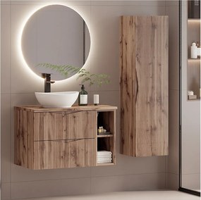 Zestaw do Łazienki 80cm Szafka Regał Blat Umywalka Słupek Ryflowane Fronty Dąb Wotan Cleo