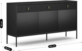 Komoda do Salonu Sypialni MARCOS 154 cm Czarna Ryflowana Trzydrzwiowa z Szufladami Nowoczesna