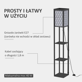 HOMCOM Lampa Stojąca z Półkami Czarna Drewniana Oświetlenie Salon E27 do 40W 26x26x160cm | Aosom PL