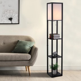 HOMCOM Lampa Stojąca z Półkami Oświetlenie Wewnętrzne E27 Drewno Czarne 26x26x160cm | Aosom PL
