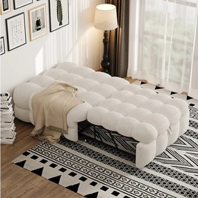 Tapicerowana rozkładana sofa - 70 x 180 cm - Podnóżek 2 w 1 - Tkanina Teddy - beżowy