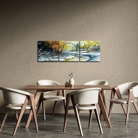 Obraz zimowej rzeki, obraz olejny (z zegarem) (90x30 cm)
