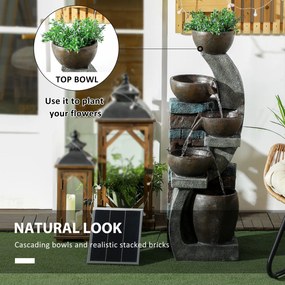 Outsunny Fontanna Ogrodowa, Styl Ceglanym, 5-stopniowa, Zasilana Słonecznie, Diodami LED, 107cm, Żywica Syntetyczna, Szary/Brąz