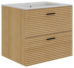 Szafka łazienkowa wisząca prążkowana z umywalką nablatową - 2 szuflady - Jasne drewno naturalne - 60 cm - SARONE