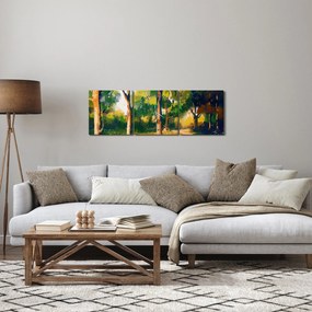 Obraz lasu w letnim słońcu, malarstwo (z zegarem) (90x30 cm)