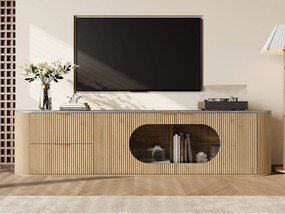 Nowoczesne meble TV wygląd drewna - 172x38x45,5 cm - 2 drzwi i 2 szuflady - Blat imitacja marmuru - MDF - Naturalny