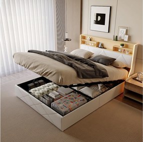 Łóżko z pojemnikiem 140x200 cm, zagłówkiem, portami USB/Type-C i oświetleniem LED RGB – biały poliuretan i jasny dąb