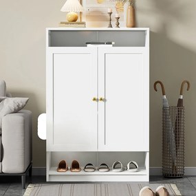 Biała szafka na buty z 2 drzwiami i regulowanymi półkami, złotymi uchwytami - idealna do salonów i przedpokojów