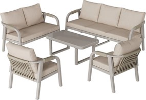 Salon Ogrodowy 7 Osób - Zestaw 5-częściowy z Kanapą 3-osobową, 2-osobową, 2 Fotelami i Stolikiem Kawowym - Pleciony Sznur - Stal Ocynkowana - Beżowy