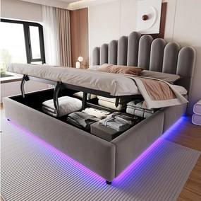 Łóżko 180 x 200 cm ze schowkiem hydraulicznym i oświetleniem LED - Aksamit + MDF - Szare (Materac nie jest wliczony w cenę)