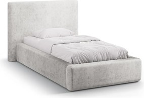 Jasnoszare tapicerowane łóżko jednoosobowe ze schowkiem i stelażem 90x200 cm Amy – Micadoni