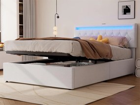 Łóżko 140x200 cm z tkaniny lnianej z LED - gniazda USB i Type-C na łóżku - z stelażem na listwy - Białe