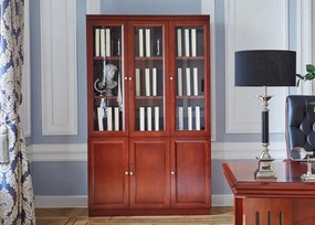 Klasyczna szafa do biura Elegance. Górne drzwi są przeszklone, dolne pełne wykończone płyciną, zamykane na kluczyk. Wymiary szafy 120x40x200 cm, kolor koniak, fornir.