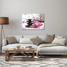 Obraz na szkle - kamienie do masażu i storczyki (70x50 cm)