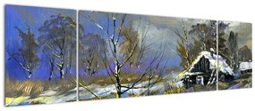 Obraz chaty w zimowym krajobrazie, obraz olejny (170x50 cm)