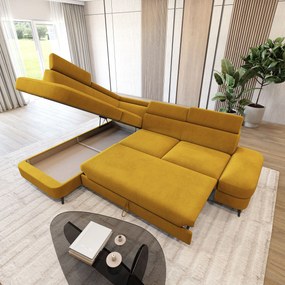 Masseno Narożnik AVISE z funkcją spania i pojemnikiem na pościel Narozniki L, Rozkładana sofa - Żółty, MATT VELVET 48