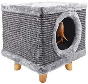 Solidny drapak dla kota, mały 38cm, szary z piórkiem i legowiskiem Cabin I