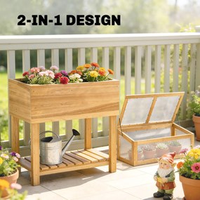 Outsunny Podwyższona grządka z inspektem z drewna, podwyższony doniczkowiec z otwieraną pokrywą, półką, włókniną, ergonomiczny | Aosom PL