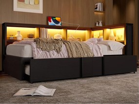 Rozkładana sofa 90x200cm - Z wysuwanym łóżkiem - z schowkiem - z LED i portem USB - ​​Czarny​​ (bez materaca)