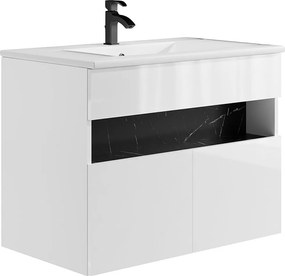 Szafka łazienkowa wisząca z oświetleniem LED i umywalką wpuszczaną w blat - Biały i czarny z efektem marmuru - szer. 80 cm - POZEGA