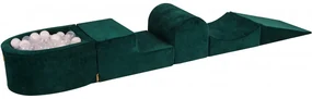 Piankowy Zestaw Do Zabawy Z Suchym Basenem 57x45x30cm/100 Piłek 7cm, Plac Zabaw Dla Dziecka, 5 Elementów, Welurowy, Ciemnozielony, Piłki: Białe, Transparentne - Meowbaby®