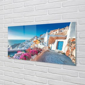 Panel Szklany Grecja Budynki morze kwiaty