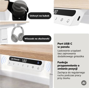 Biurko elektryczne z regulacją wysokości ergonomiczne białe/dąb sonoma,1600x800 mm: ARIA